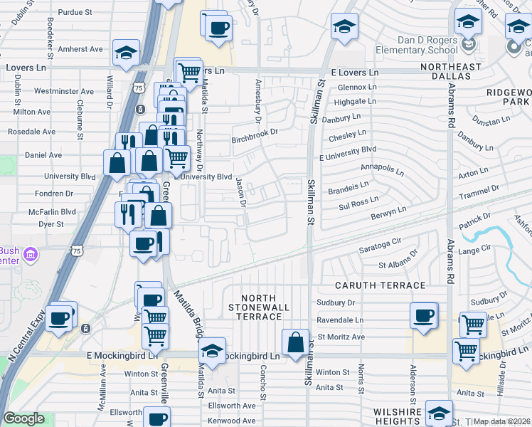 map of restaurants, bars, coffee shops, grocery stores, and more near 5930 Sandhurst Lane in Dallas