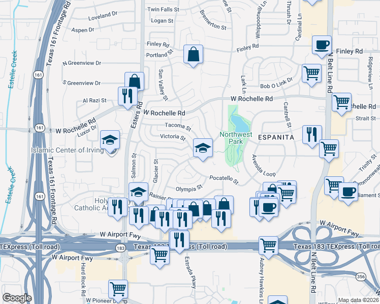 map of restaurants, bars, coffee shops, grocery stores, and more near 3905 Victoria Street in Irving