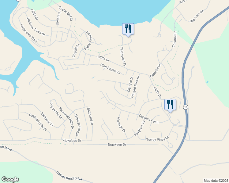 map of restaurants, bars, coffee shops, grocery stores, and more near 415 Winged Foot Drive in Graford