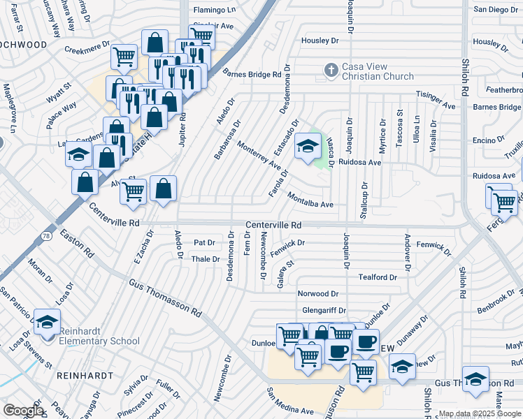map of restaurants, bars, coffee shops, grocery stores, and more near 2018 Farola Drive in Dallas
