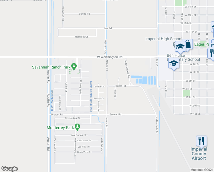 map of restaurants, bars, coffee shops, grocery stores, and more near Nance Rd & Banta Rd in Imperial