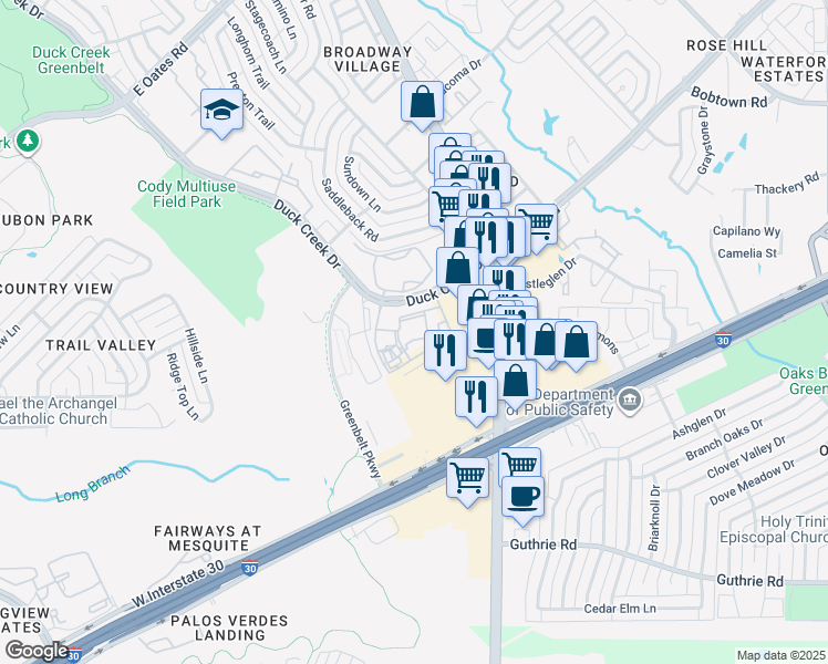 map of restaurants, bars, coffee shops, grocery stores, and more near 6301 Duck Creek Drive in Garland