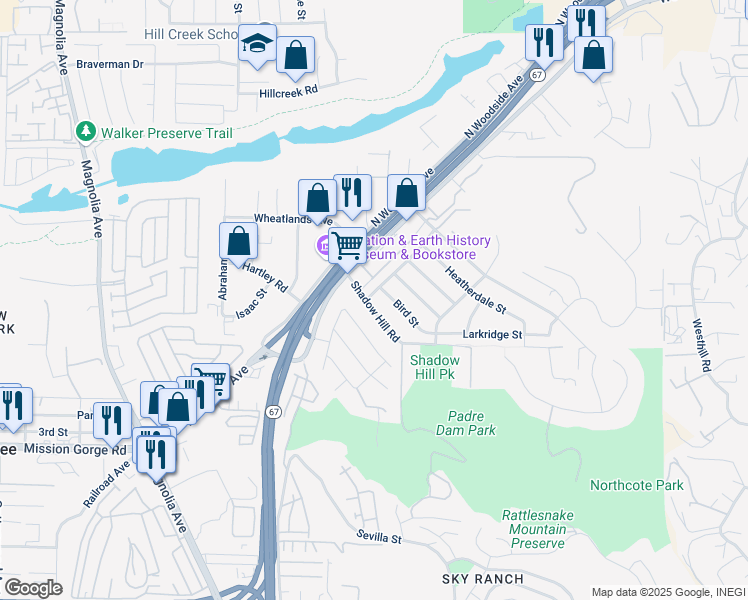 map of restaurants, bars, coffee shops, grocery stores, and more near Shadow Hill Road in Santee