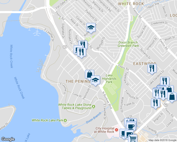 map of restaurants, bars, coffee shops, grocery stores, and more near 830 North Buckner Boulevard in Dallas