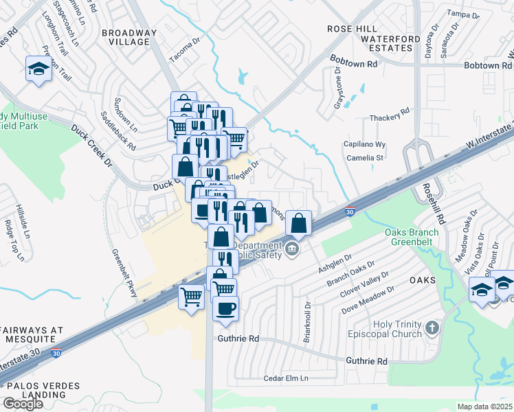 map of restaurants, bars, coffee shops, grocery stores, and more near 802 Broadway Commons in Garland