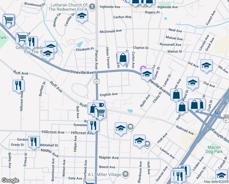 map of restaurants, bars, coffee shops, grocery stores, and more near 2529 English Avenue in Macon