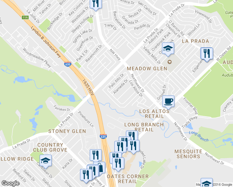 map of restaurants, bars, coffee shops, grocery stores, and more near 1832 Alameda Drive in Mesquite