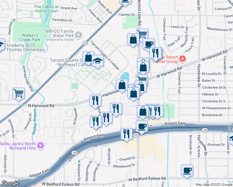 map of restaurants, bars, coffee shops, grocery stores, and more near 813 West Harwood Road in Hurst