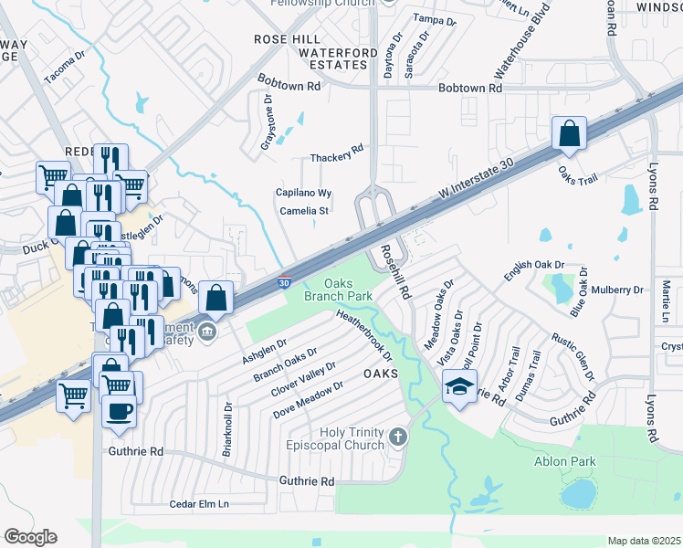 map of restaurants, bars, coffee shops, grocery stores, and more near 236 East Interstate 30 in Garland