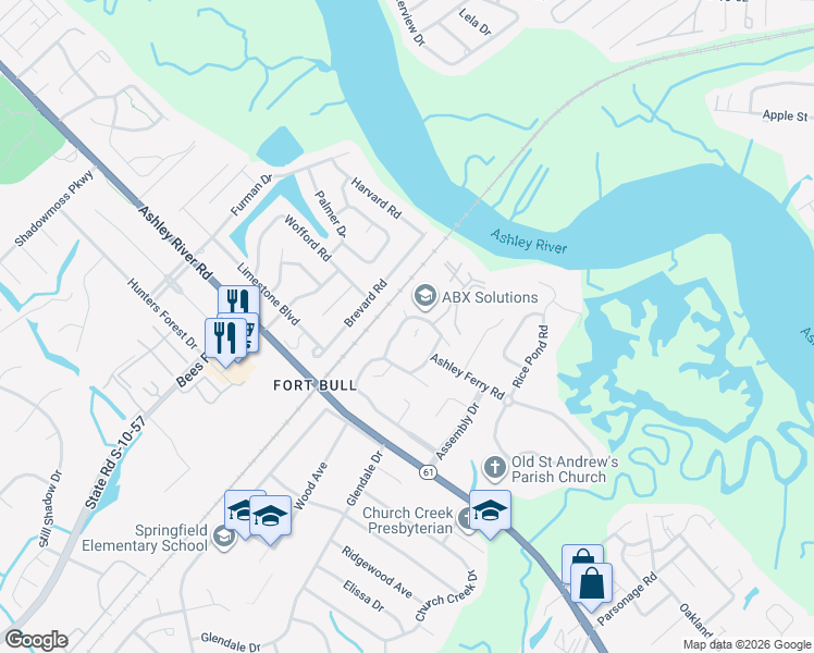 map of restaurants, bars, coffee shops, grocery stores, and more near 2340 Treescape Drive in Charleston