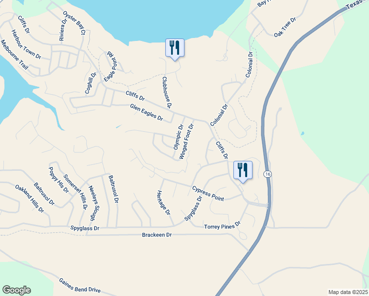 map of restaurants, bars, coffee shops, grocery stores, and more near 135 Winged Foot Drive in Graford