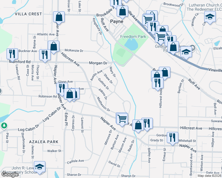 map of restaurants, bars, coffee shops, grocery stores, and more near 3323 Guthrie Drive in Macon