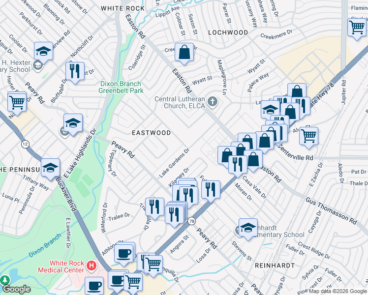 map of restaurants, bars, coffee shops, grocery stores, and more near 992 North Rustic Circle in Dallas