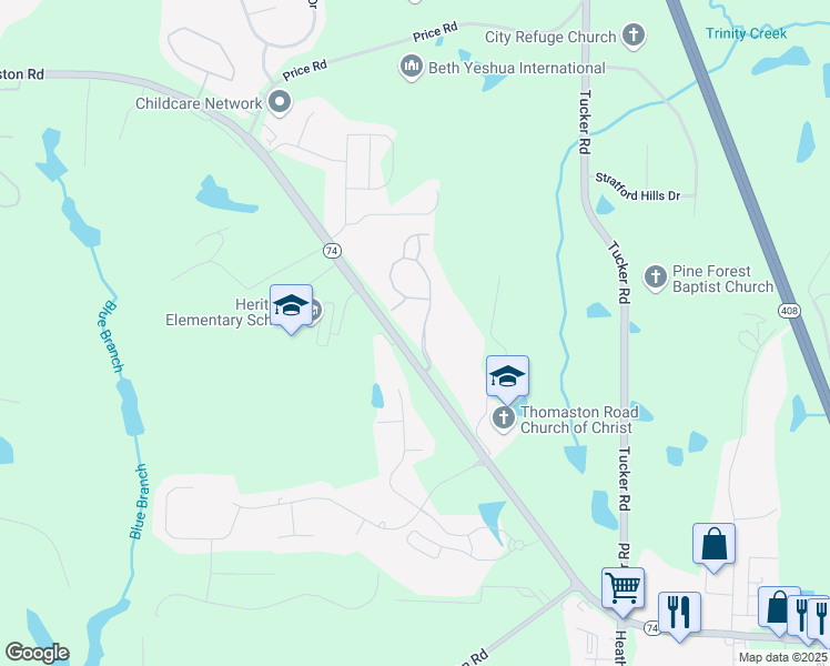 map of restaurants, bars, coffee shops, grocery stores, and more near 6001 Thomaston Road in Macon