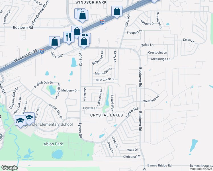 map of restaurants, bars, coffee shops, grocery stores, and more near 4521 Crystal Lane in Garland