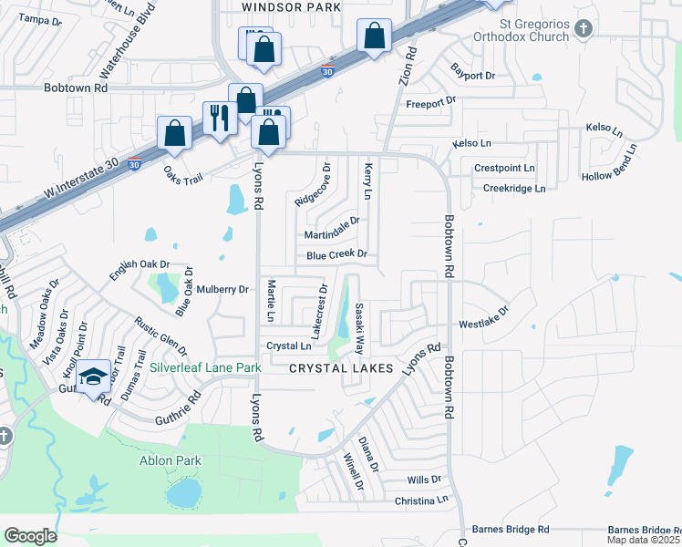 map of restaurants, bars, coffee shops, grocery stores, and more near 4521 Crystal Lane in Garland