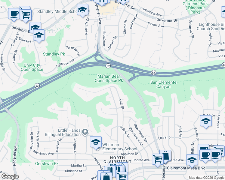 map of restaurants, bars, coffee shops, grocery stores, and more near 5448 Cole Street in San Diego