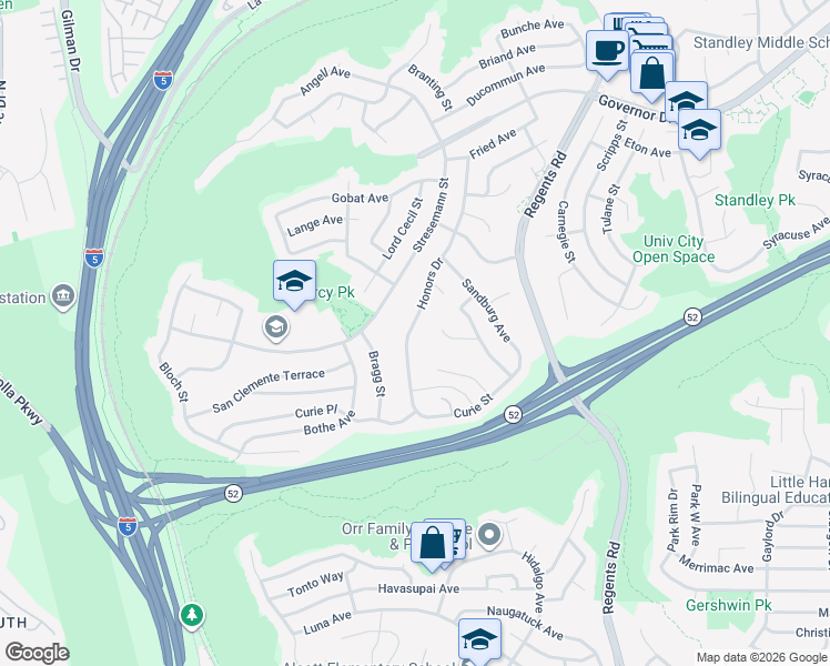 map of restaurants, bars, coffee shops, grocery stores, and more near 5603 Honors Drive in San Diego