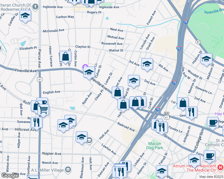 map of restaurants, bars, coffee shops, grocery stores, and more near 110 Forest Avenue in Macon