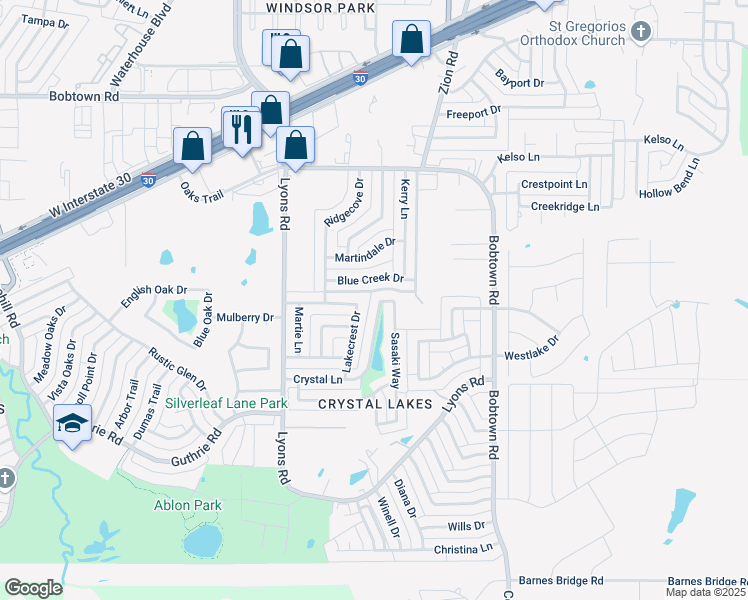 map of restaurants, bars, coffee shops, grocery stores, and more near 4521 Crystal Lane in Garland