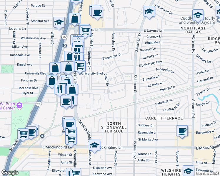 map of restaurants, bars, coffee shops, grocery stores, and more near 5908 Sandhurst Lane in Dallas