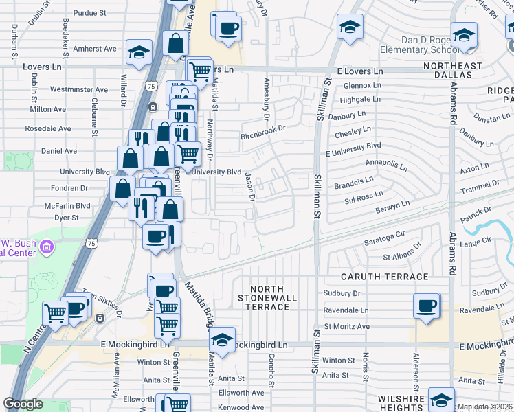 map of restaurants, bars, coffee shops, grocery stores, and more near 5908 Sandhurst Lane in Dallas