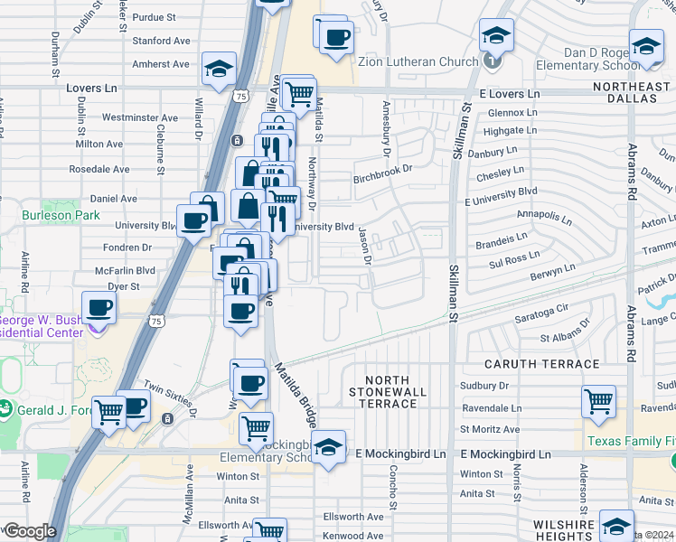 map of restaurants, bars, coffee shops, grocery stores, and more near 5832 Sandhurst Lane in Dallas
