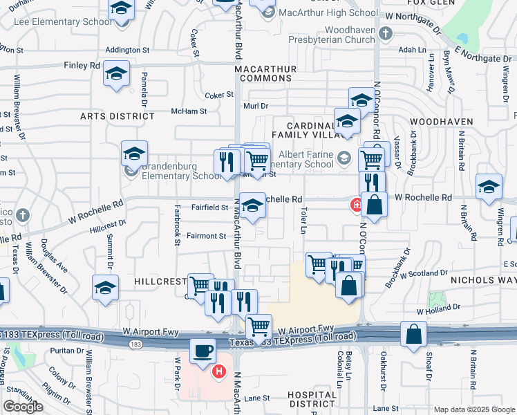 map of restaurants, bars, coffee shops, grocery stores, and more near in Irving