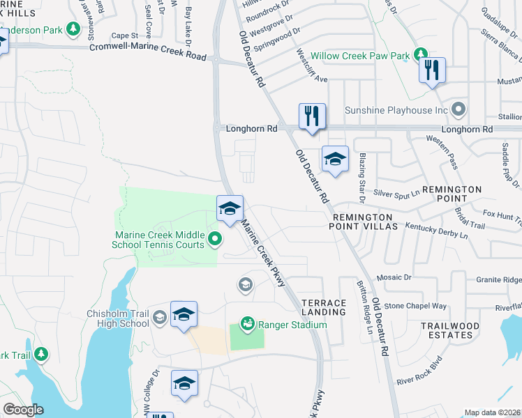 map of restaurants, bars, coffee shops, grocery stores, and more near 1304 Woodbine Cliff Drive in Fort Worth