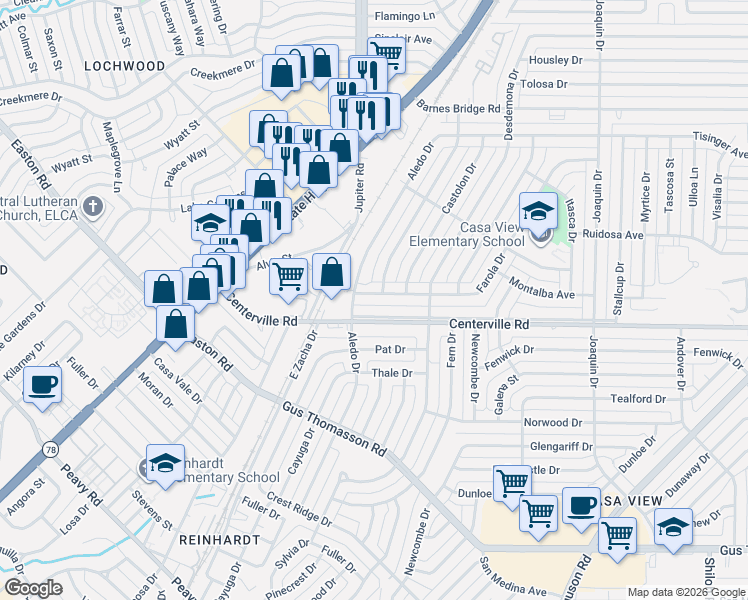 map of restaurants, bars, coffee shops, grocery stores, and more near 1620 Farola Drive in Dallas