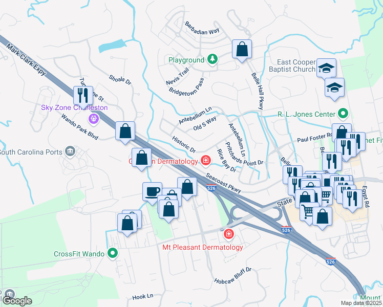 map of restaurants, bars, coffee shops, grocery stores, and more near 195 Historic Drive in Mount Pleasant