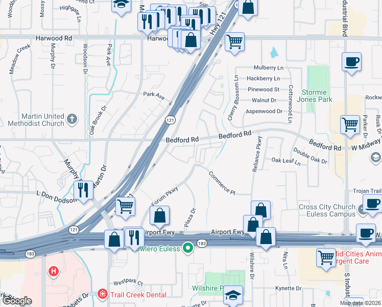 map of restaurants, bars, coffee shops, grocery stores, and more near 3044 Bedford Road in Bedford