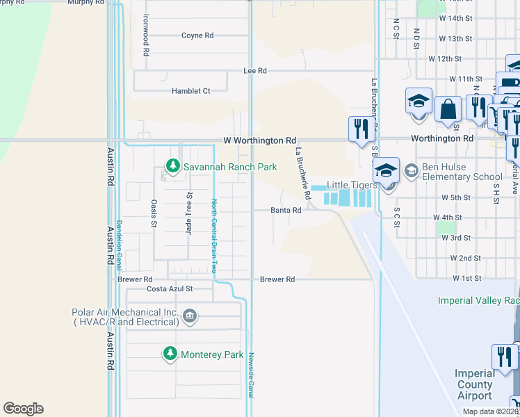 map of restaurants, bars, coffee shops, grocery stores, and more near 592 Banta Road in Imperial