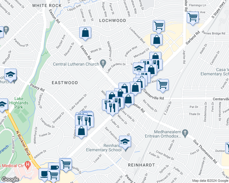map of restaurants, bars, coffee shops, grocery stores, and more near 1160 Whitehaven Drive in Dallas