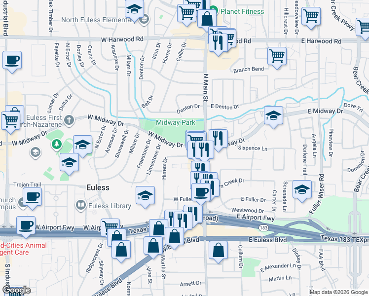 map of restaurants, bars, coffee shops, grocery stores, and more near 201 West Midway Drive in Euless