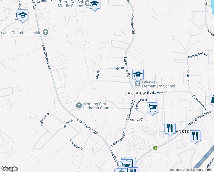 map of restaurants, bars, coffee shops, grocery stores, and more near 9114 Clearlake Way in Lakeside