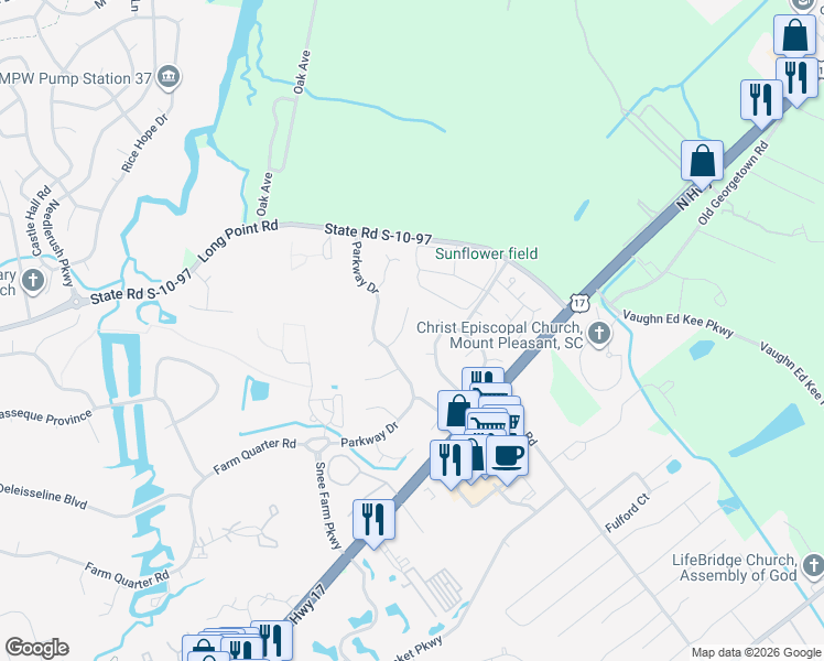 map of restaurants, bars, coffee shops, grocery stores, and more near 1121 Bristol Terrace in Mount Pleasant