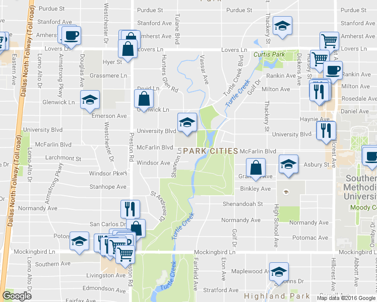 map of restaurants, bars, coffee shops, grocery stores, and more near 3825 McFarlin Blvd in Dallas