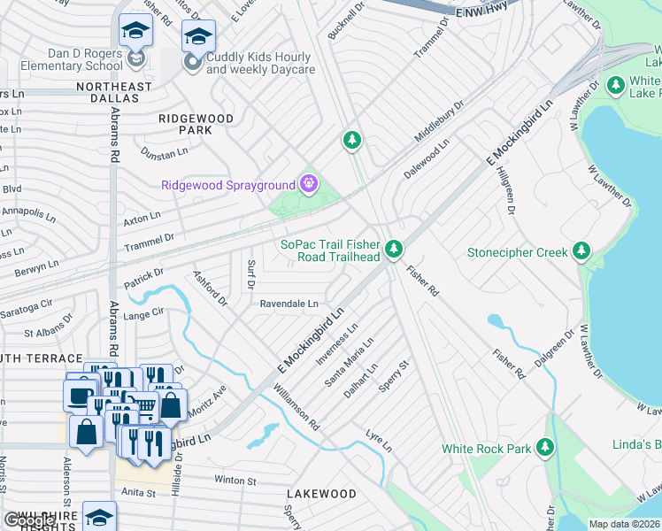 map of restaurants, bars, coffee shops, grocery stores, and more near 6818 Blessing Drive in Dallas