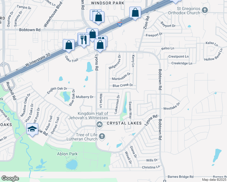 map of restaurants, bars, coffee shops, grocery stores, and more near 4209 Mary Jane Lane in Garland