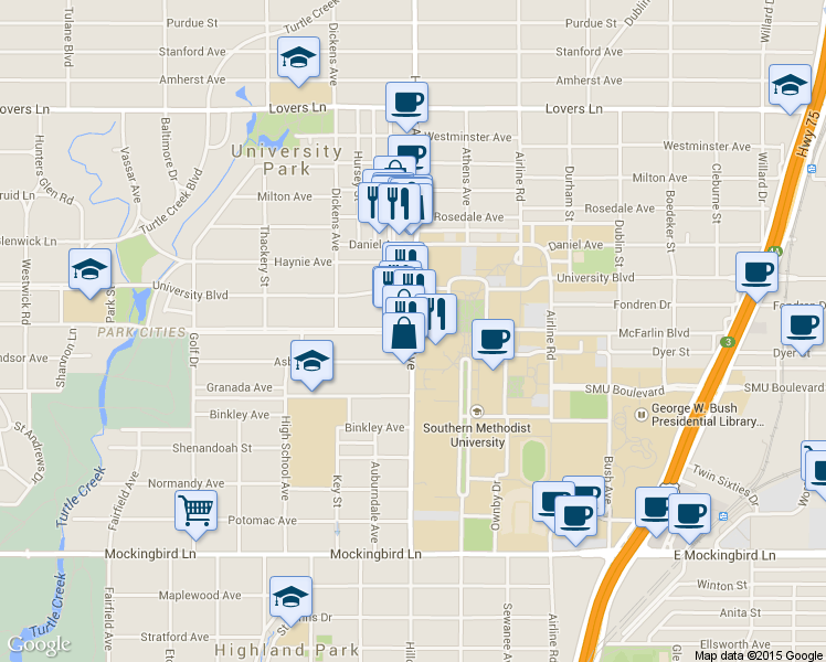 map of restaurants, bars, coffee shops, grocery stores, and more near Hillcrest Ave & McFarlin Blvd in University Park