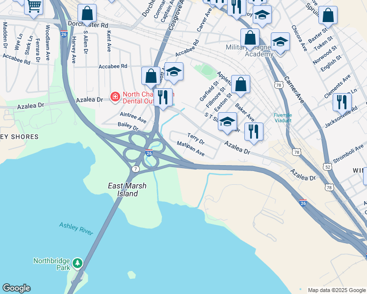 map of restaurants, bars, coffee shops, grocery stores, and more near 3105 Matipan Avenue in North Charleston