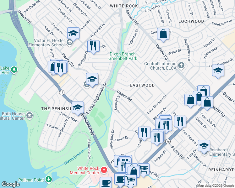 map of restaurants, bars, coffee shops, grocery stores, and more near 907 Tipperary Drive in Dallas