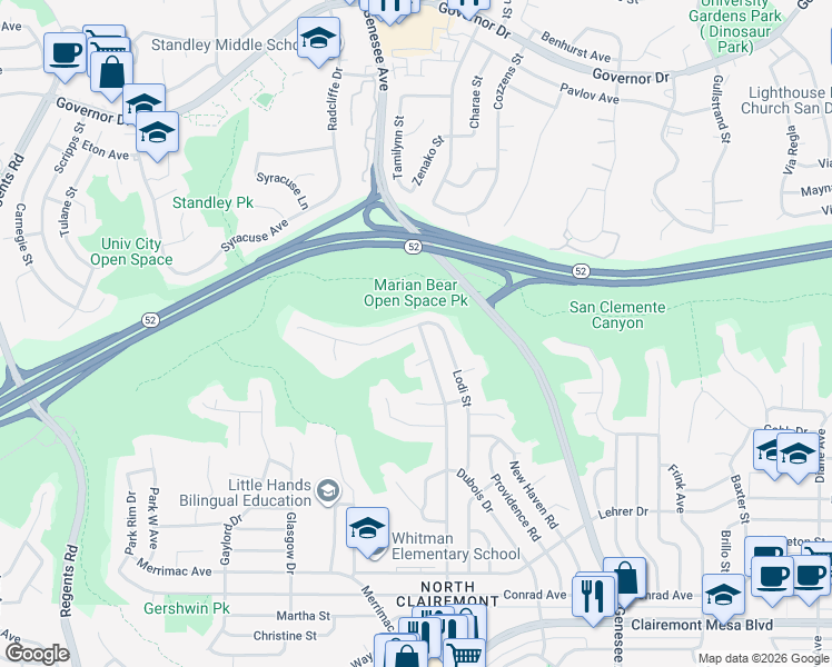 map of restaurants, bars, coffee shops, grocery stores, and more near 5448 Cole Street in San Diego