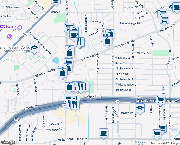 map of restaurants, bars, coffee shops, grocery stores, and more near 636 Hillview Drive in Hurst