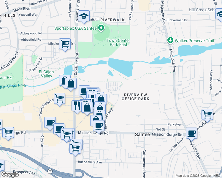 map of restaurants, bars, coffee shops, grocery stores, and more near 240 Riverview Pkwy in Santee