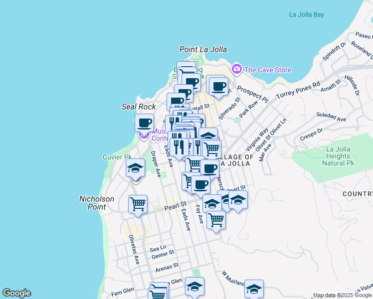 map of restaurants, bars, coffee shops, grocery stores, and more near 7733 Fay Avenue in San Diego