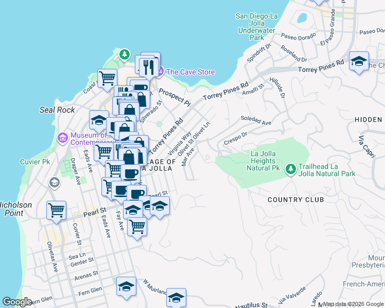 map of restaurants, bars, coffee shops, grocery stores, and more near 7656 Pepita Way in San Diego