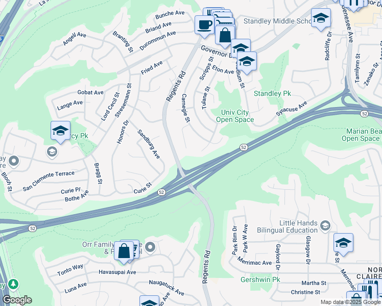 map of restaurants, bars, coffee shops, grocery stores, and more near 3109 Carnegie Place in San Diego