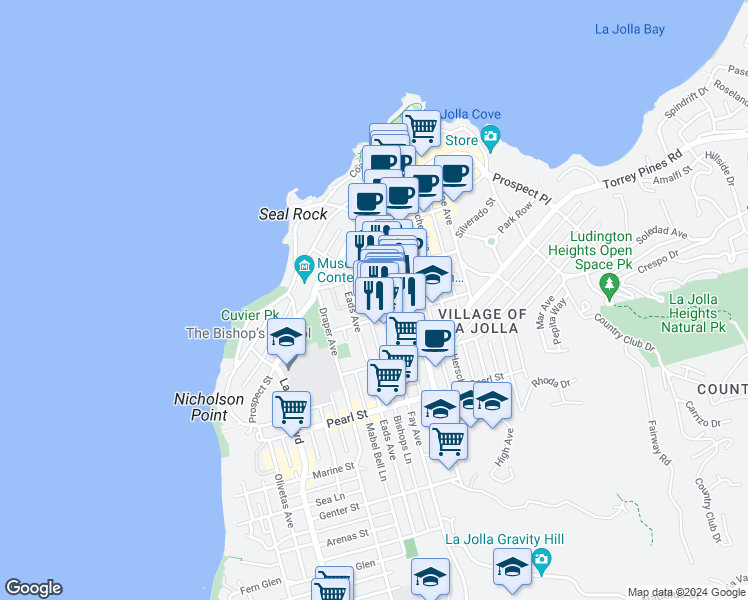 map of restaurants, bars, coffee shops, grocery stores, and more near 7733 Fay Avenue in San Diego